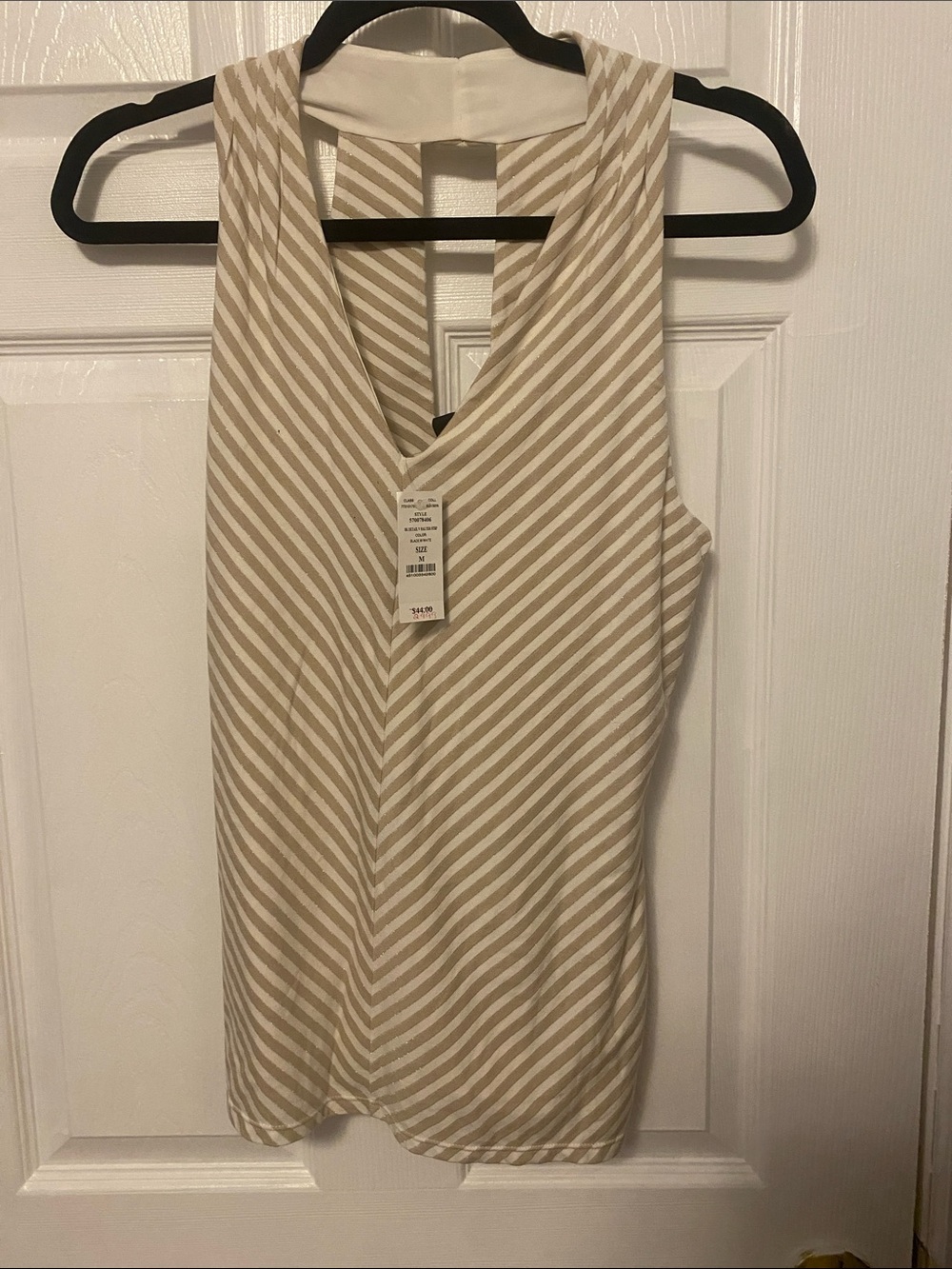 White House Black Market Beige and White Diagonal Stripe V-Neck Tank